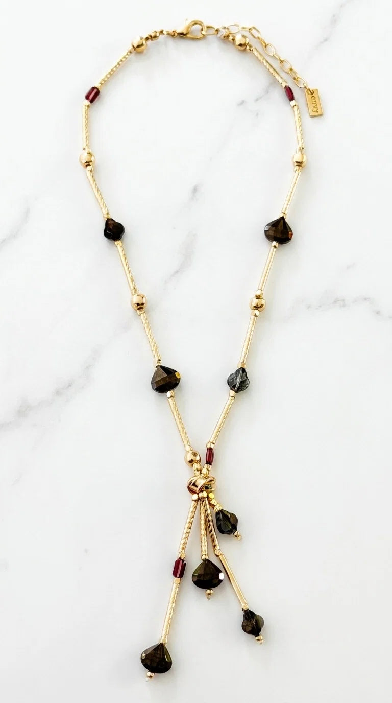 Short Gold Bar & Ball Chain Necklace with Plum & Smoked Grey Tassel Detail