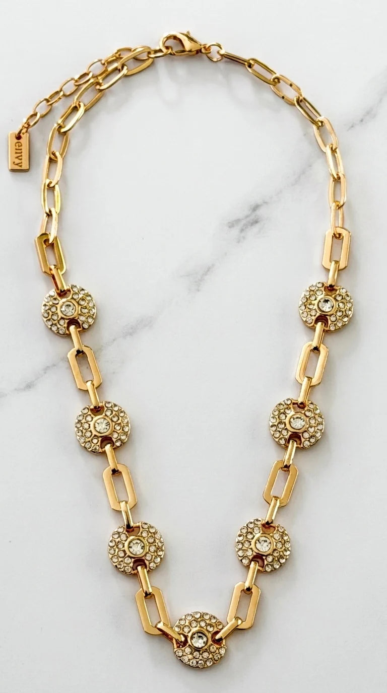 Short Gold Link Necklace with Diamante Circle Detail