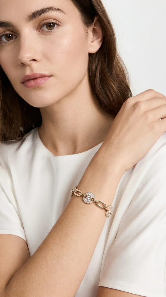 Gold link bracelet with diamante circle detail