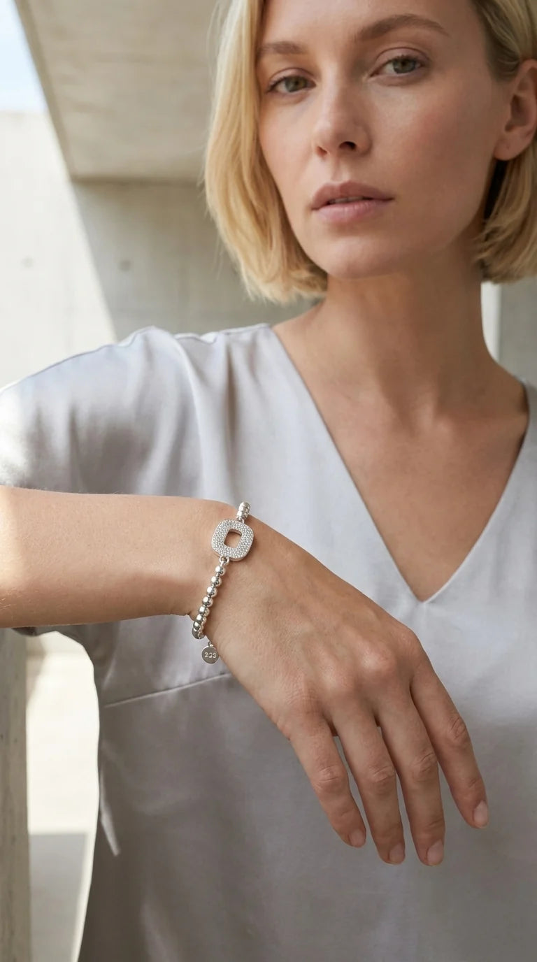 Silver Beaded Bracelet with Square Diamante Design