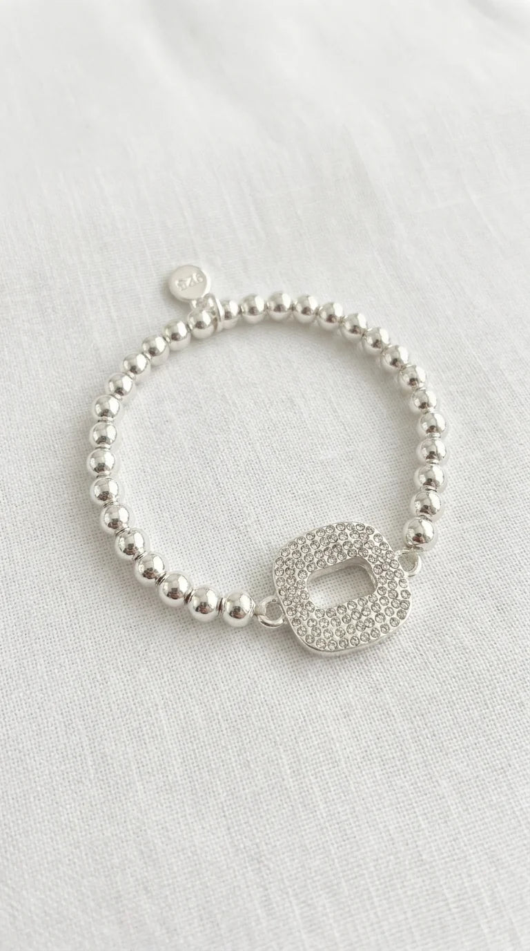 Silver Beaded Bracelet with Square Diamante Design