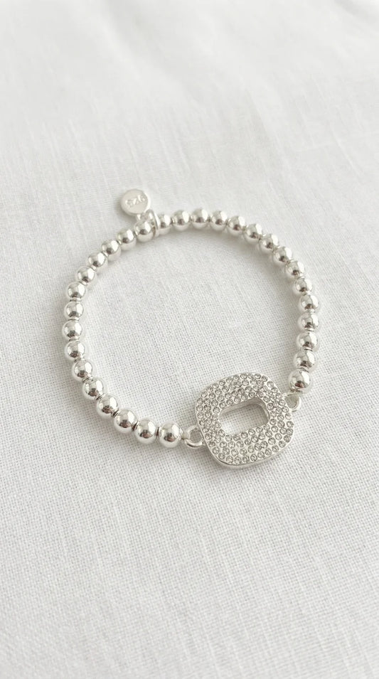 Silver Beaded Bracelet with Square Diamante Design