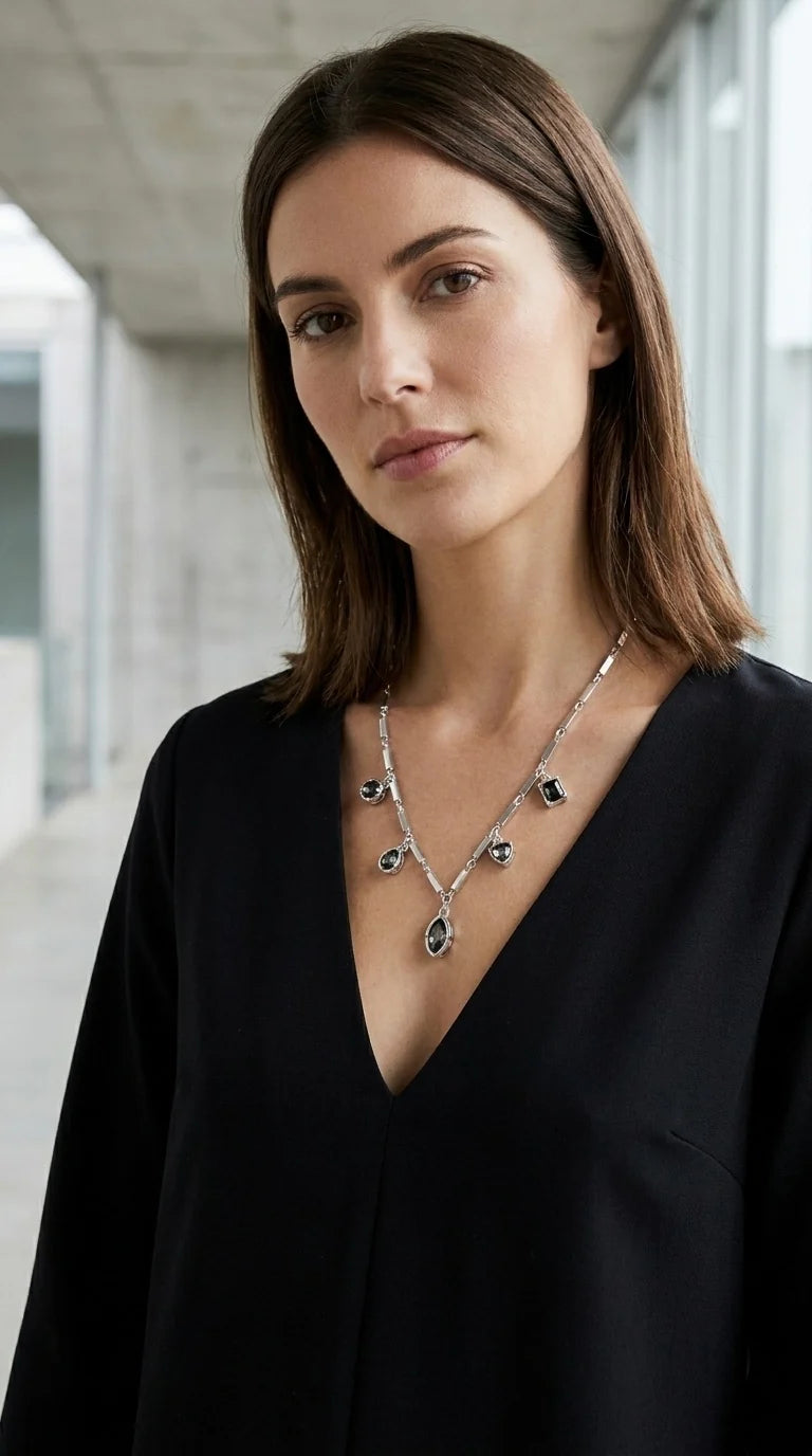 Short Silver Bar Chain Necklace with Smokey Grey Crystal Charm Pendants