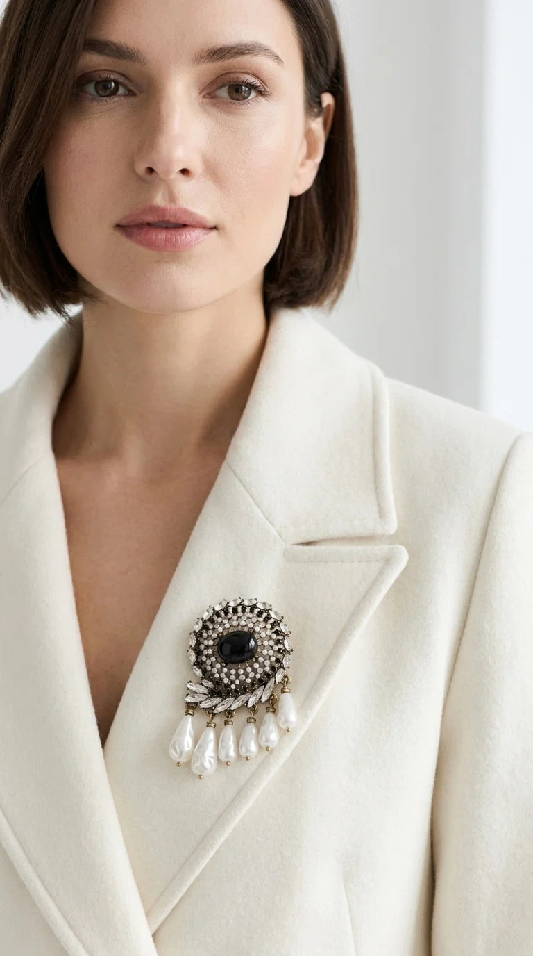 Baroque Style Black Stone & Pearl Brooch