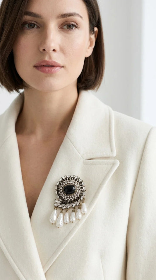 Baroque Style Black Stone & Pearl Brooch