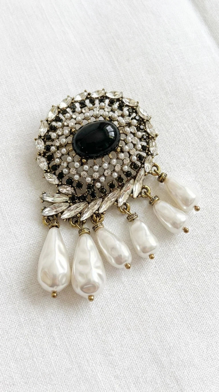 Baroque Style Black Stone & Pearl Brooch