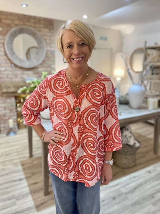 Coral Swirl Print Button Shirt