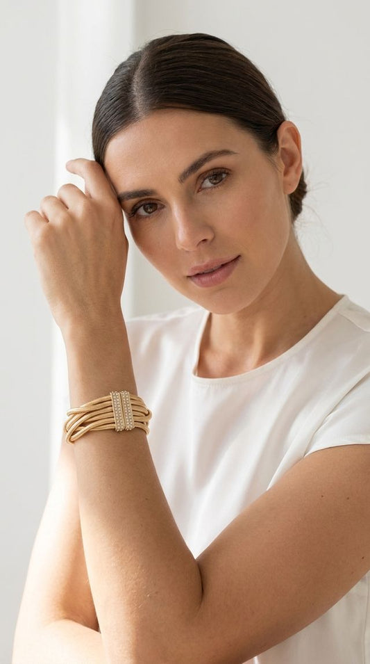 Multi Layered Gold Snake Chain Bracelet with Diamante Detailed Magnetic Clasp