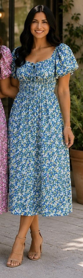 Blue Ditzy Print Midi Dress - Size 8-12