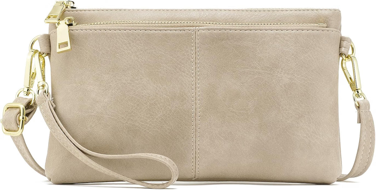 Beige Zip Faux Leather Clutch Bag