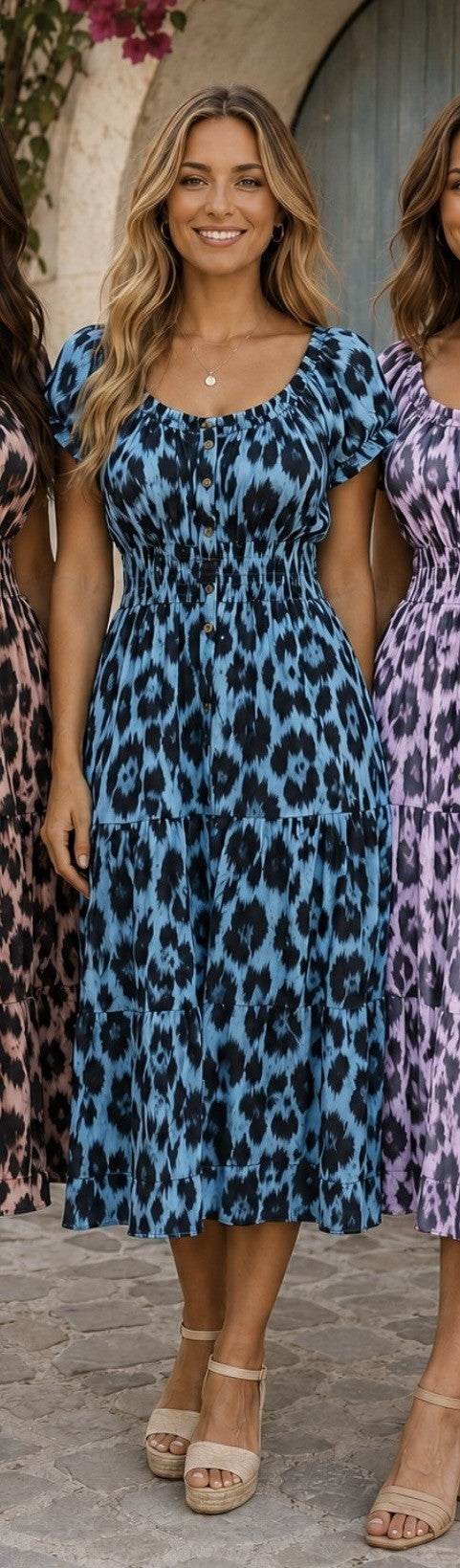 Blue Animal Print Button Midi Dress