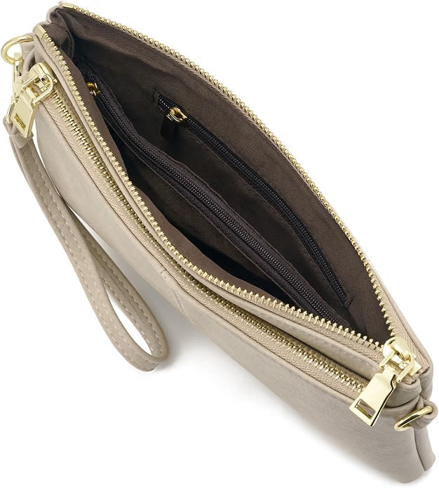 Beige Zip Faux Leather Clutch Bag