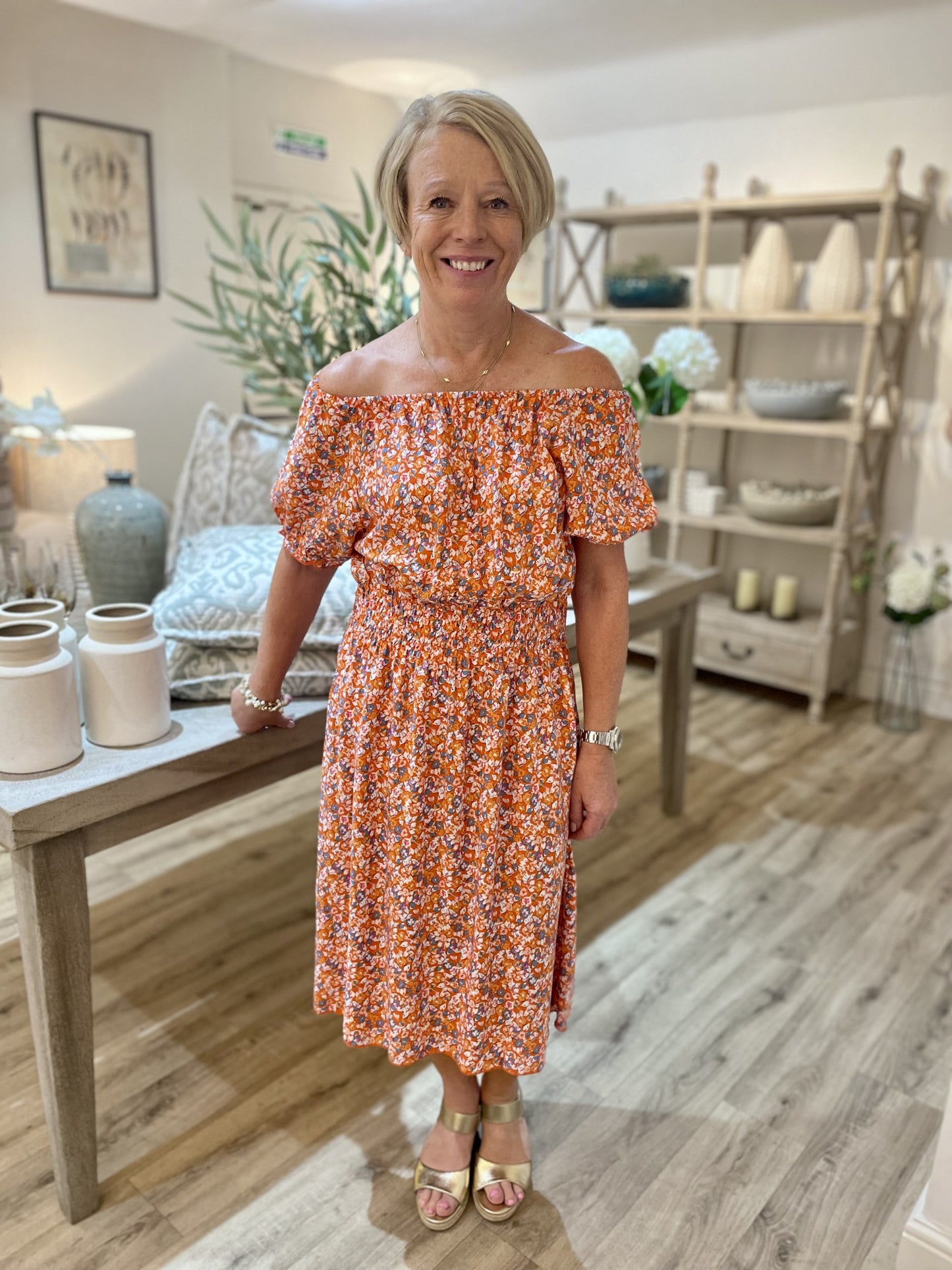 Orange Ditzy Print Midi Dress - size 14-18