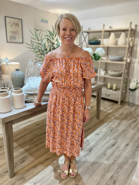 Orange Ditzy Print Midi Dress - size 14-18