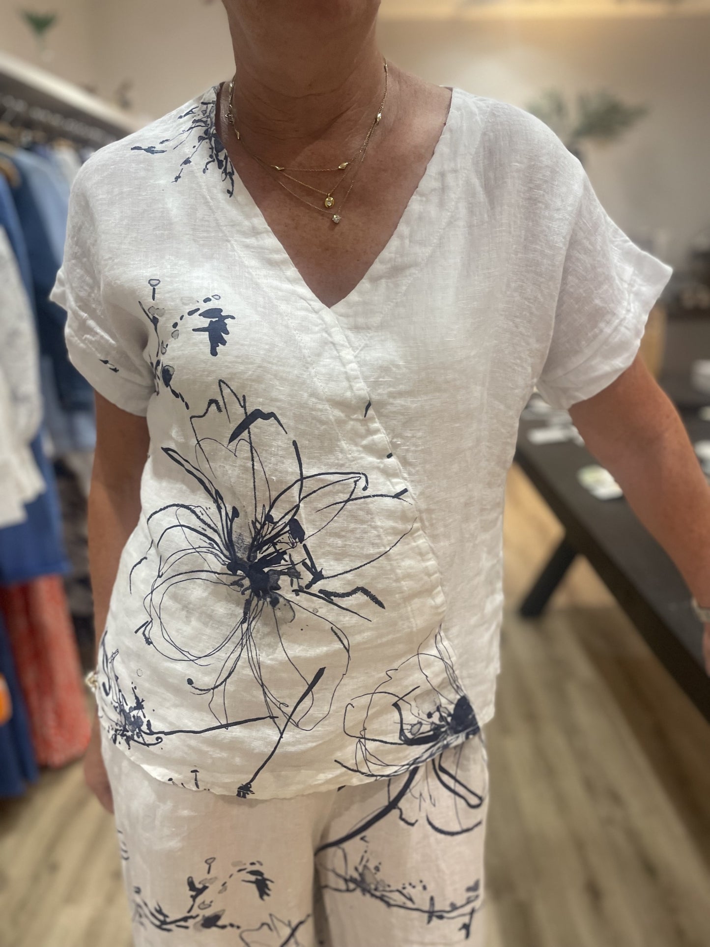 White Floral Print V Neck Linen Top