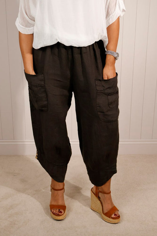 Chocolate Linen Button Detail Trousers