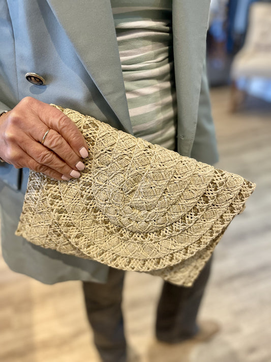 Cream Natural Raffia Bag with Gold Metallic Thread
