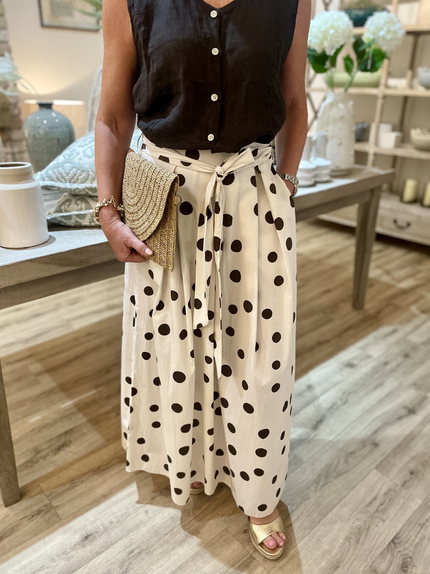 Cream Cotton Tie Polka Dot Skirt