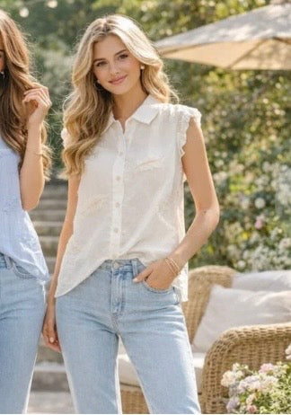 Cream Leaf Embroidered Sleeveless Shirt