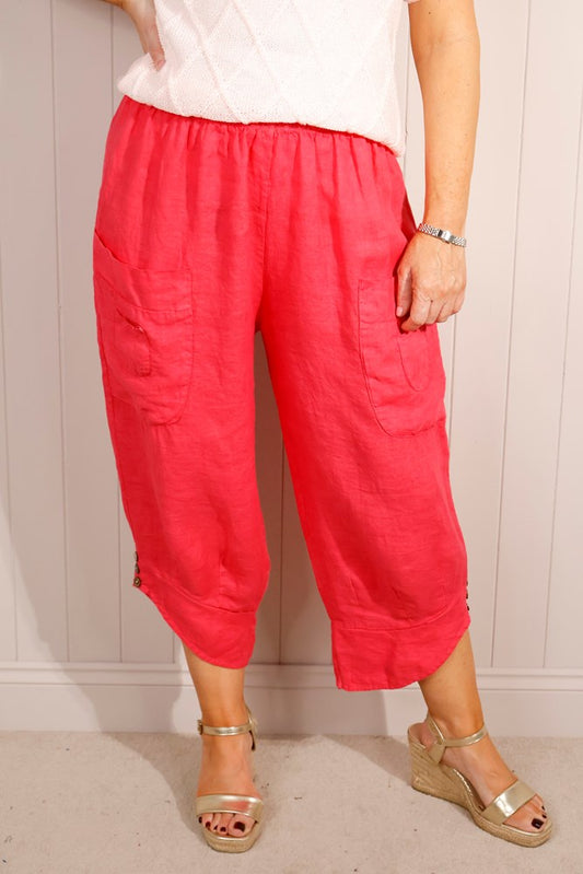 Strawberry Linen Button Detail Trousers