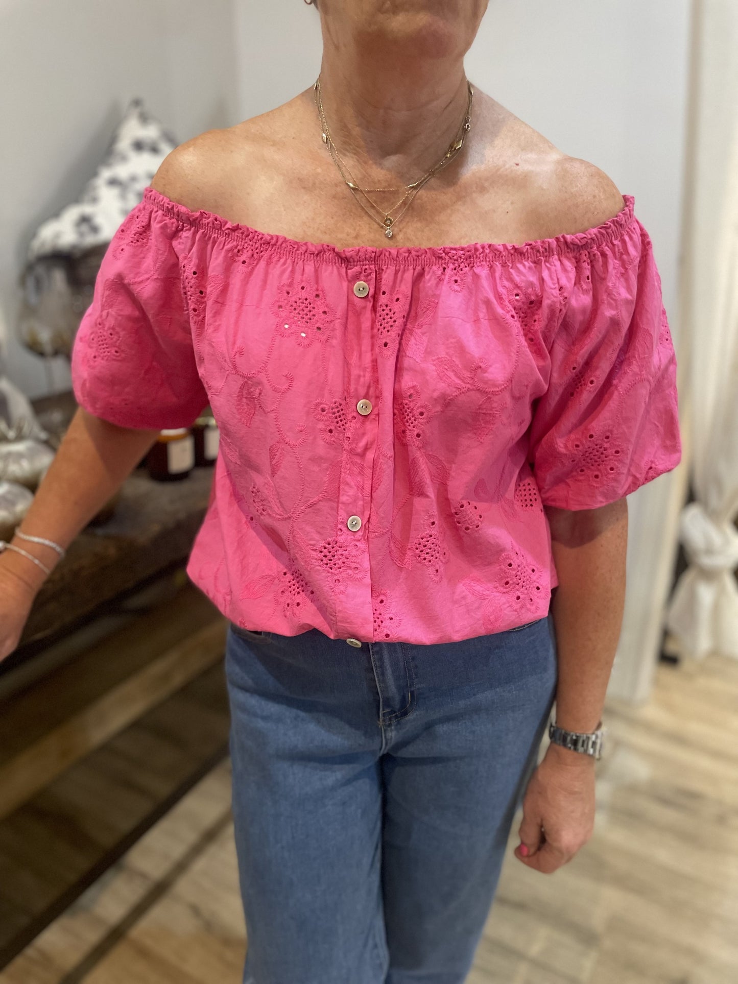 Fuschia Broderie Bardot Top