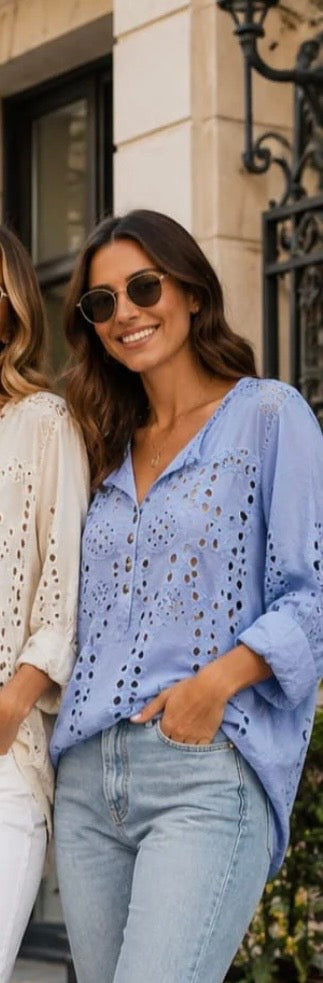 Light Blue Cotton Crochet Shirt