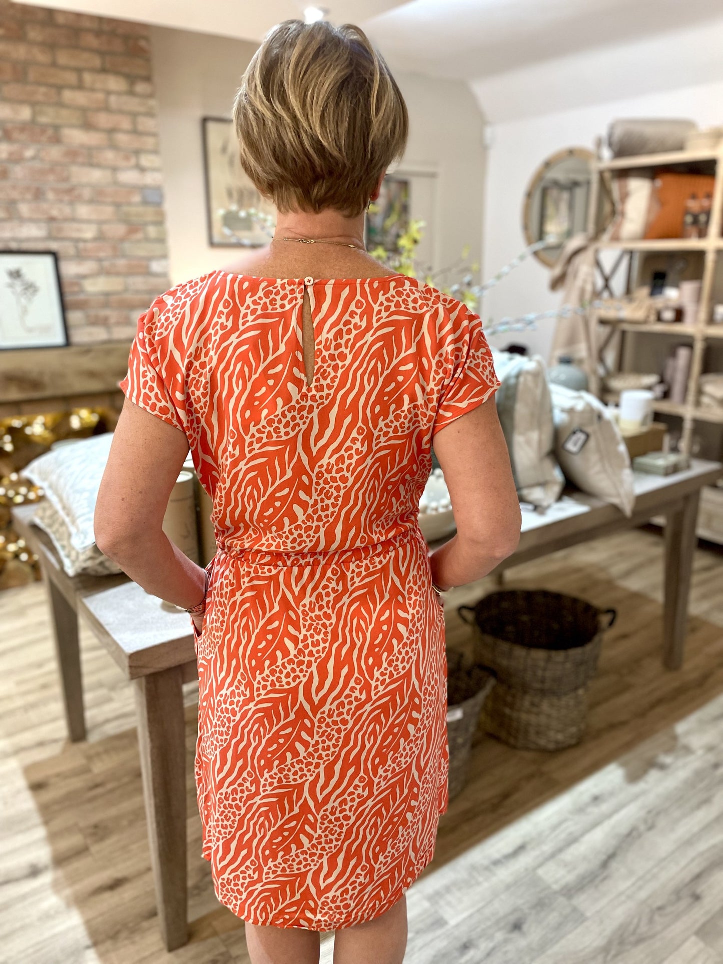 Coral & Cream Print Boat Neck Dress