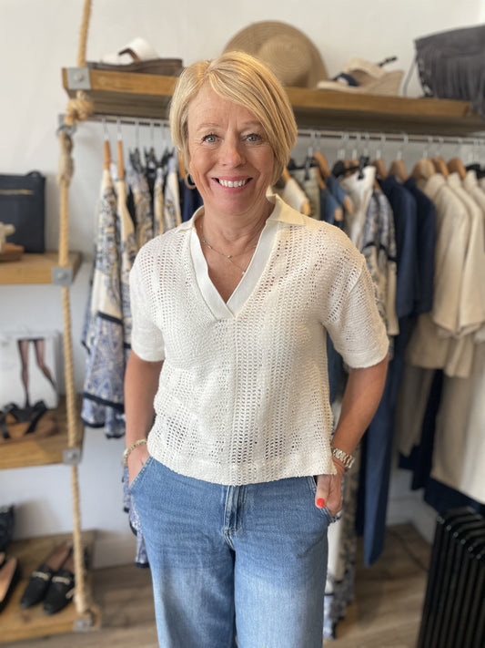 V Neck Cream Crochet Knit Polo Shirt