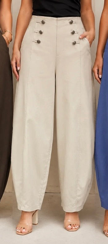 Cream Military Button Barrell Leg Twill Trousers