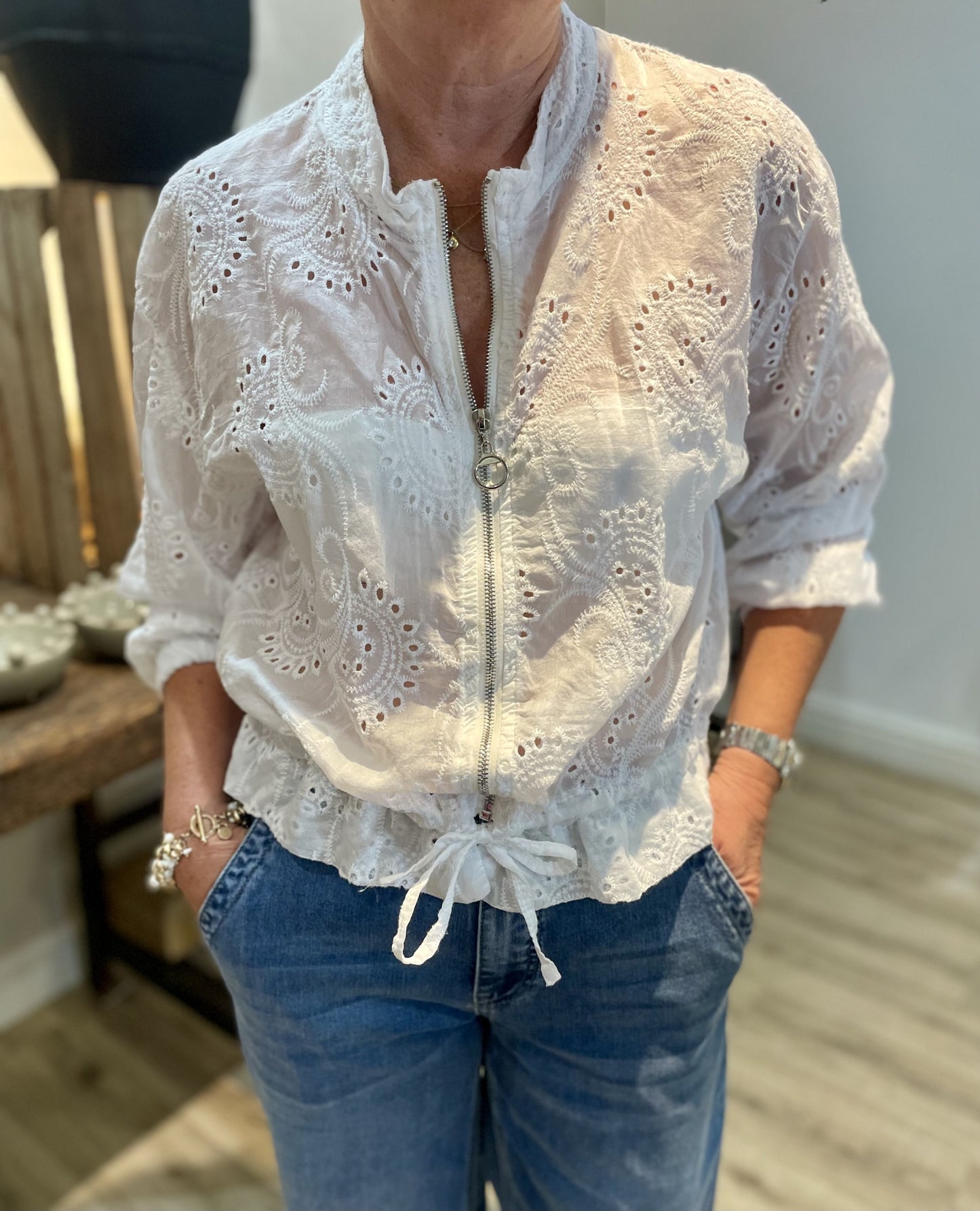 White Broderie Anglaise Bomber Jacket
