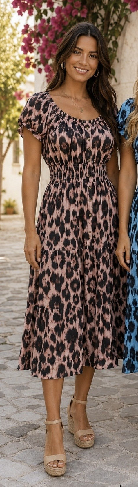 Pink Animal Print Button Midi Dress