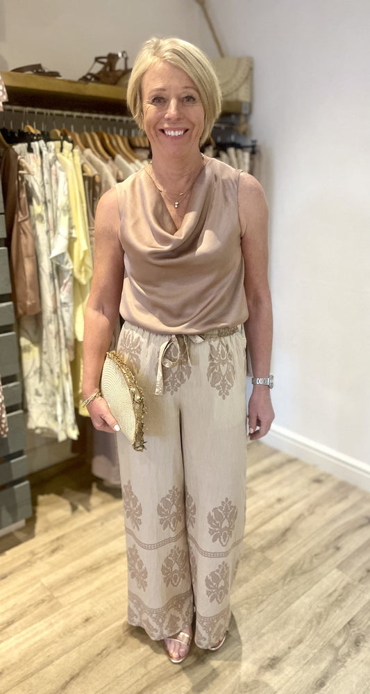 Sleeveless Cowl Neck Satin Blouse