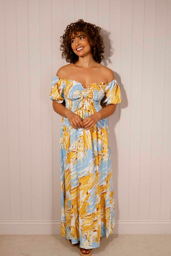 Mustard Shirred Bust Frill Sleeve Blue Maxi Dress