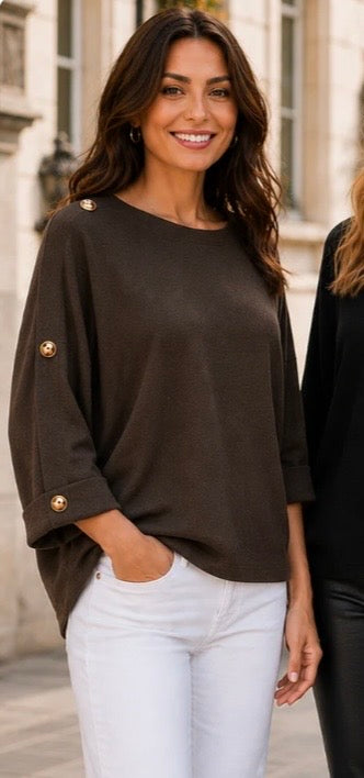 Chocolate Brown Gold Button Shoulder Oversized Knit Jumper