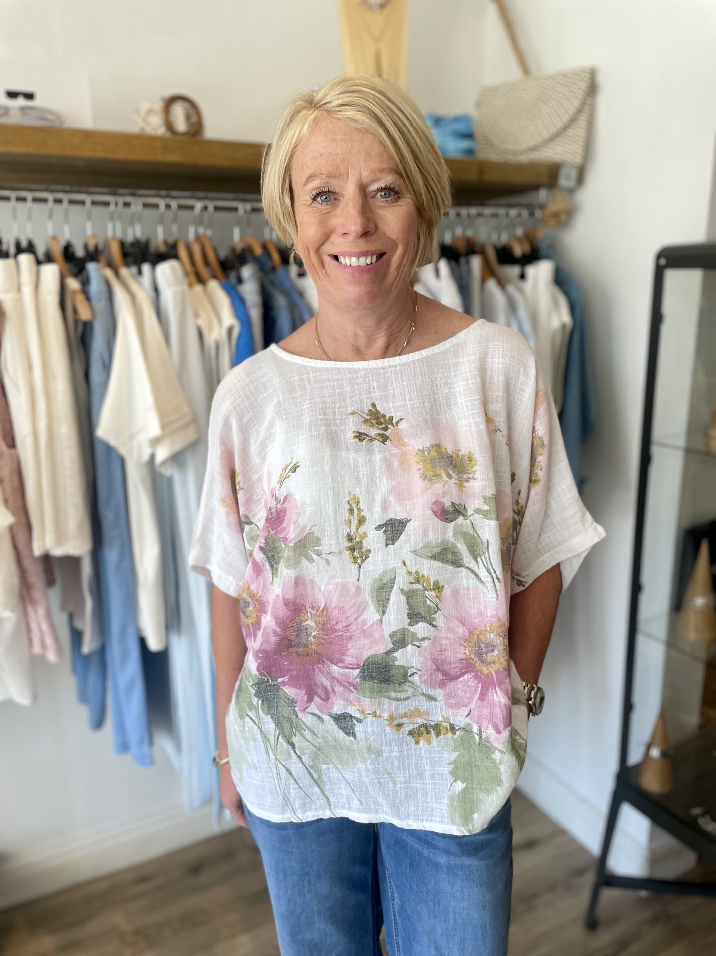 White Floral Linen Blend Top