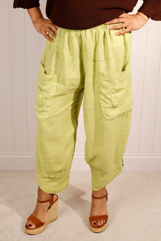 Lime Linen Button Detail Trousers