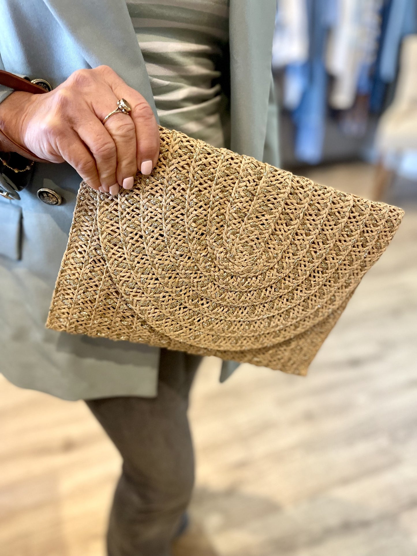 Taupe Natural Raffia Bag with Gold Metallic Thread