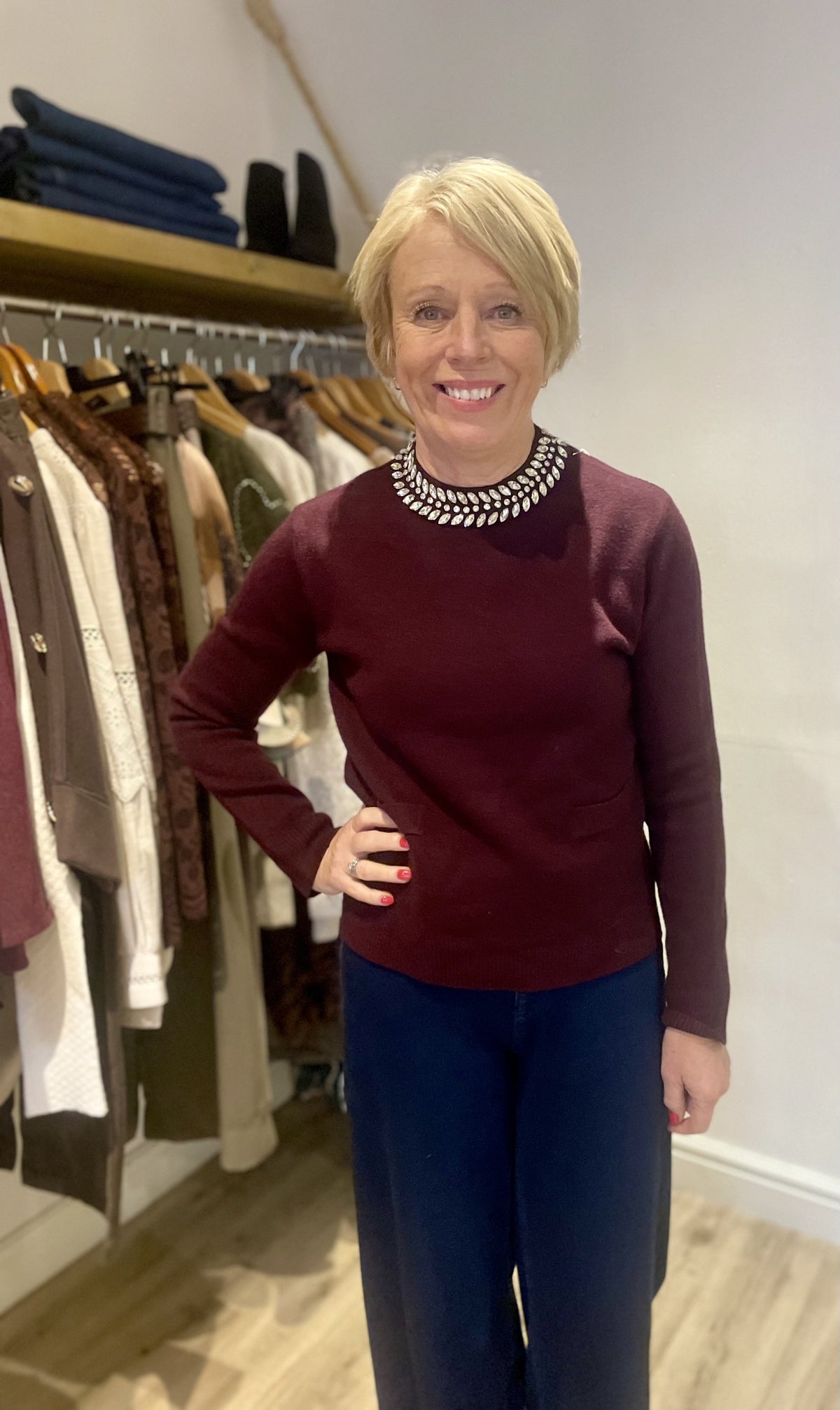 Maroon Crystal Neck Faux Pocket Knit Jumper