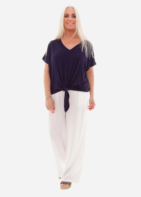 Navy Bamboo Jersey V-Neck Tie Front Short Sleeve Top