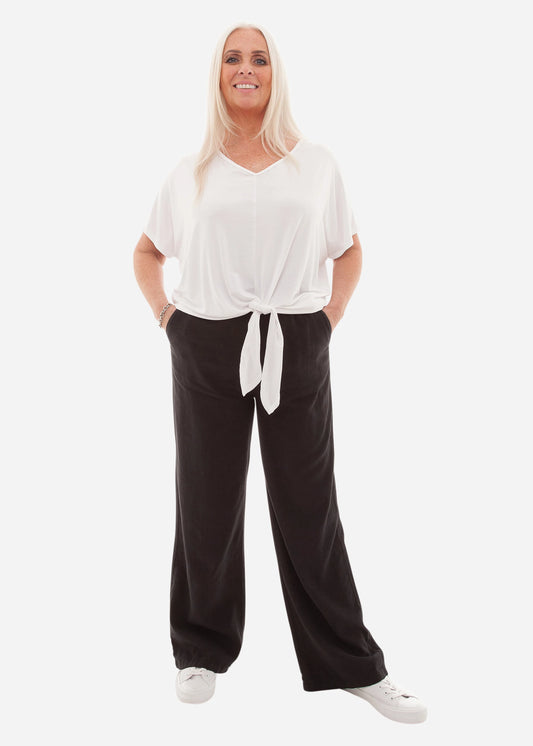 Navy Bamboo Jersey V-Neck Tie Front Short Sleeve Top