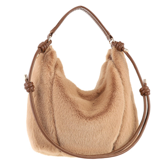 Camel Faux Fur Bucket Bag