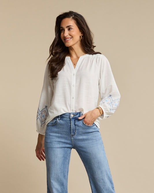 White Blouse with Blue Embroidered Detail