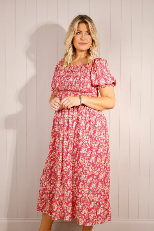 Fuchsia Ditzy Flower Puff Sleeve Maxi Dress
