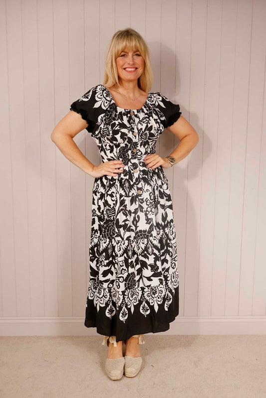 Black and White Mono Puff Sleeve Shirred Maxi Dress
