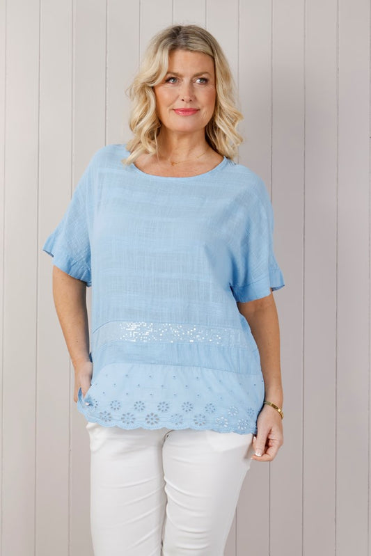 Light Blue Cotton Broderie Anglaise Edge Top