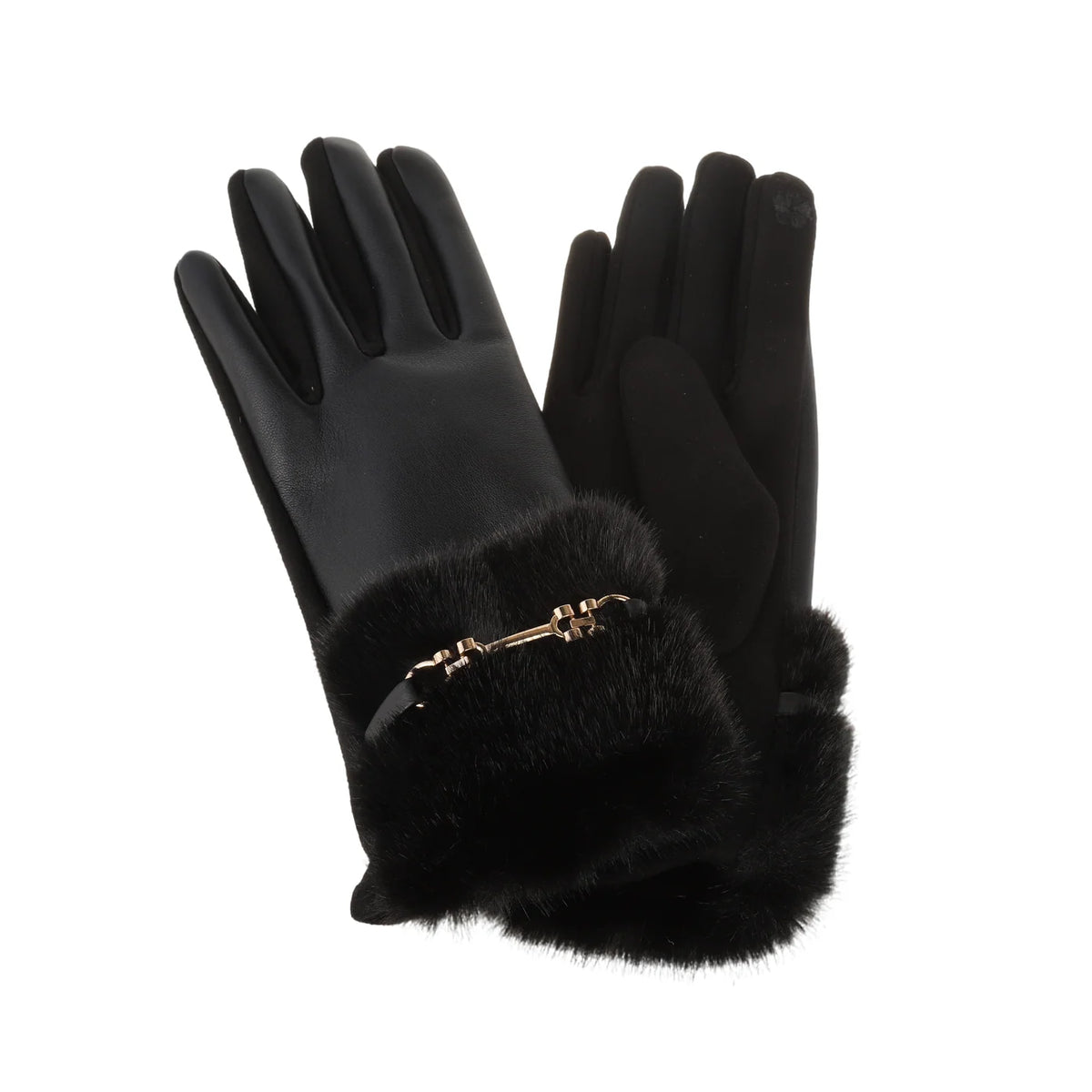 Ebony Faux Leather Gloves with Fur Trim