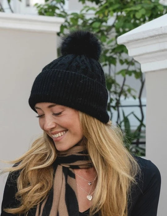 Black Cable Knit Hat with Pom Pom