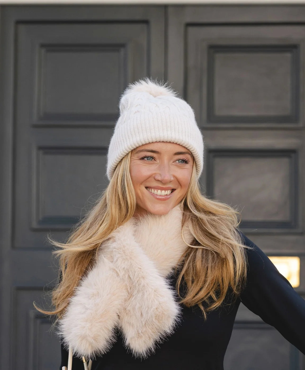 Cream Cable Knit Hat with Pom Pom