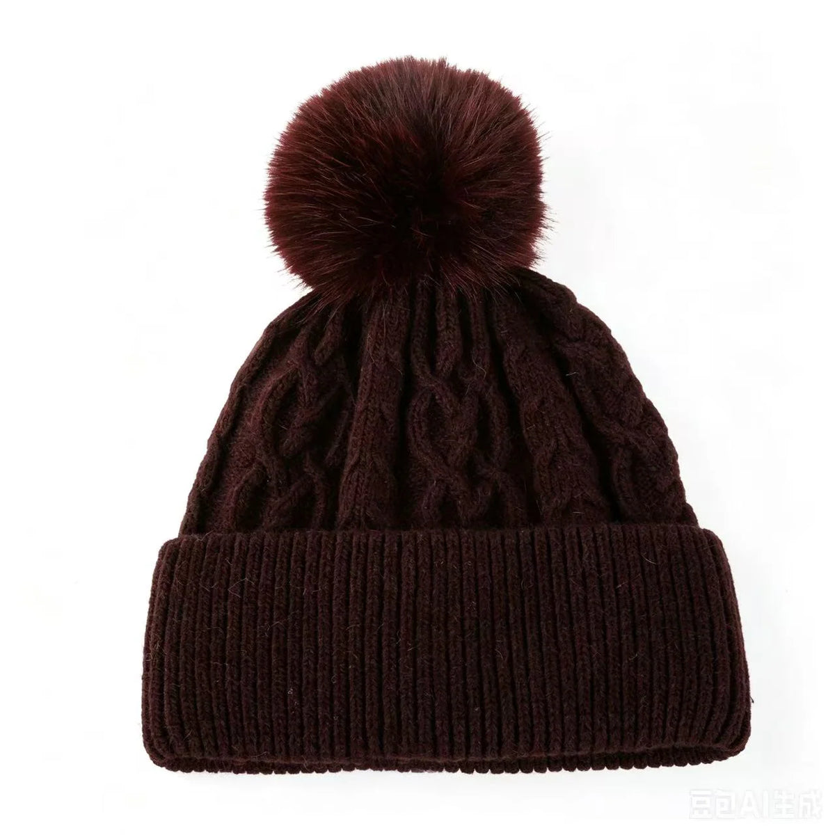 Burgundy Cable Knit Hat with Pom Pom