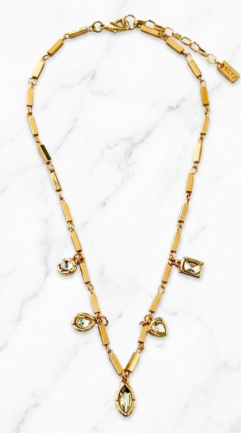 Short Gold Bar Chain Necklace with Smokey Grey Crystal Charm Pendants